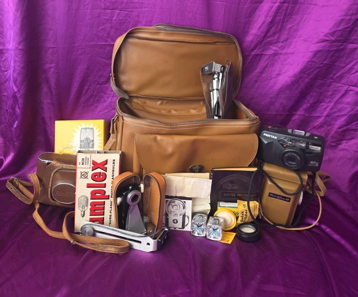Vintage Ricoh Cameras & Photography Equipment Lot, Flash, Leather Bag, & More!