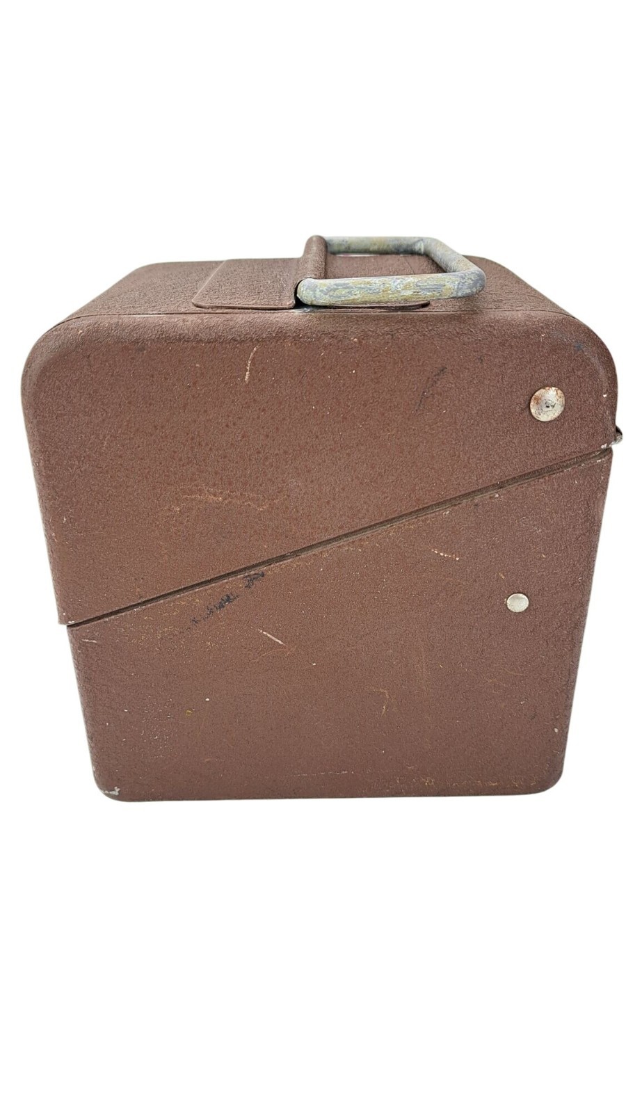 Vintage Simonsen 8mm Film Canister Case Brown Metal Handle Latch Holds 6 Cans