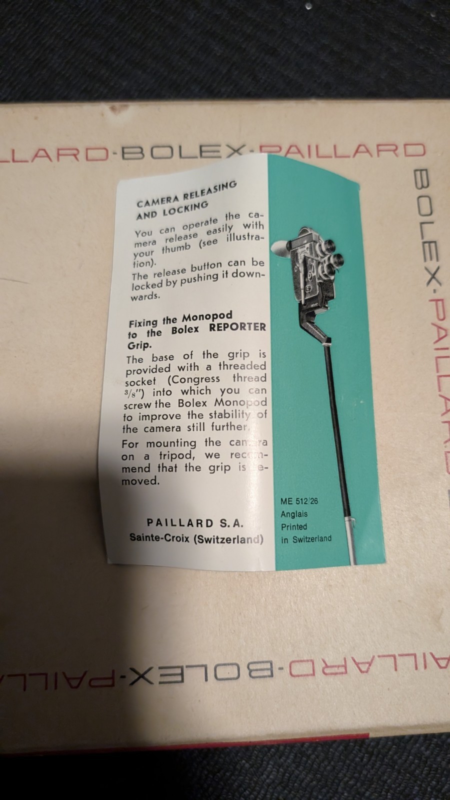 Vintage Bolex reporter hand grip for H16 And H8 Cameras, made in Switzerland