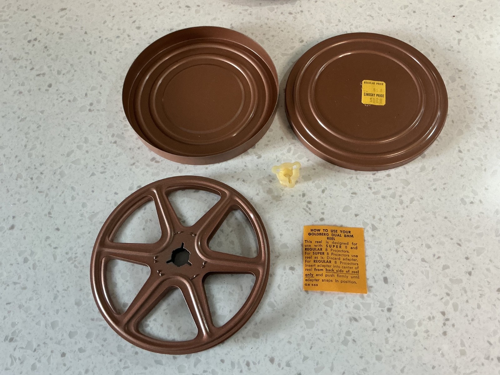 Vintage 3 x Goldberg NOS 5″ DUAL 8 Metal Film Canister With Movie Reel
