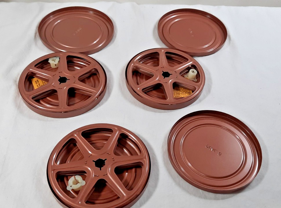 NOS Lot of 3 Dual 8mm Film Canisters & Take Up Reels Metal, copper colored.