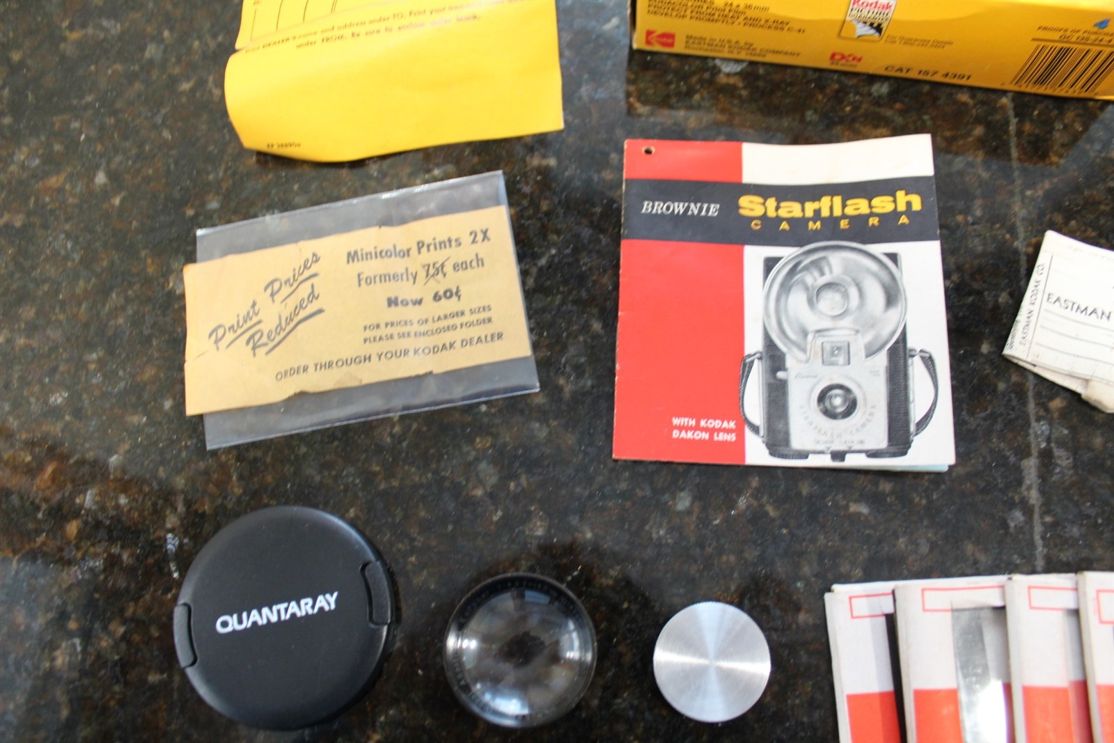 Vintage Camera Related Items Lot Advertising Bulbs, Slides, Lanyard, Lens Caps +