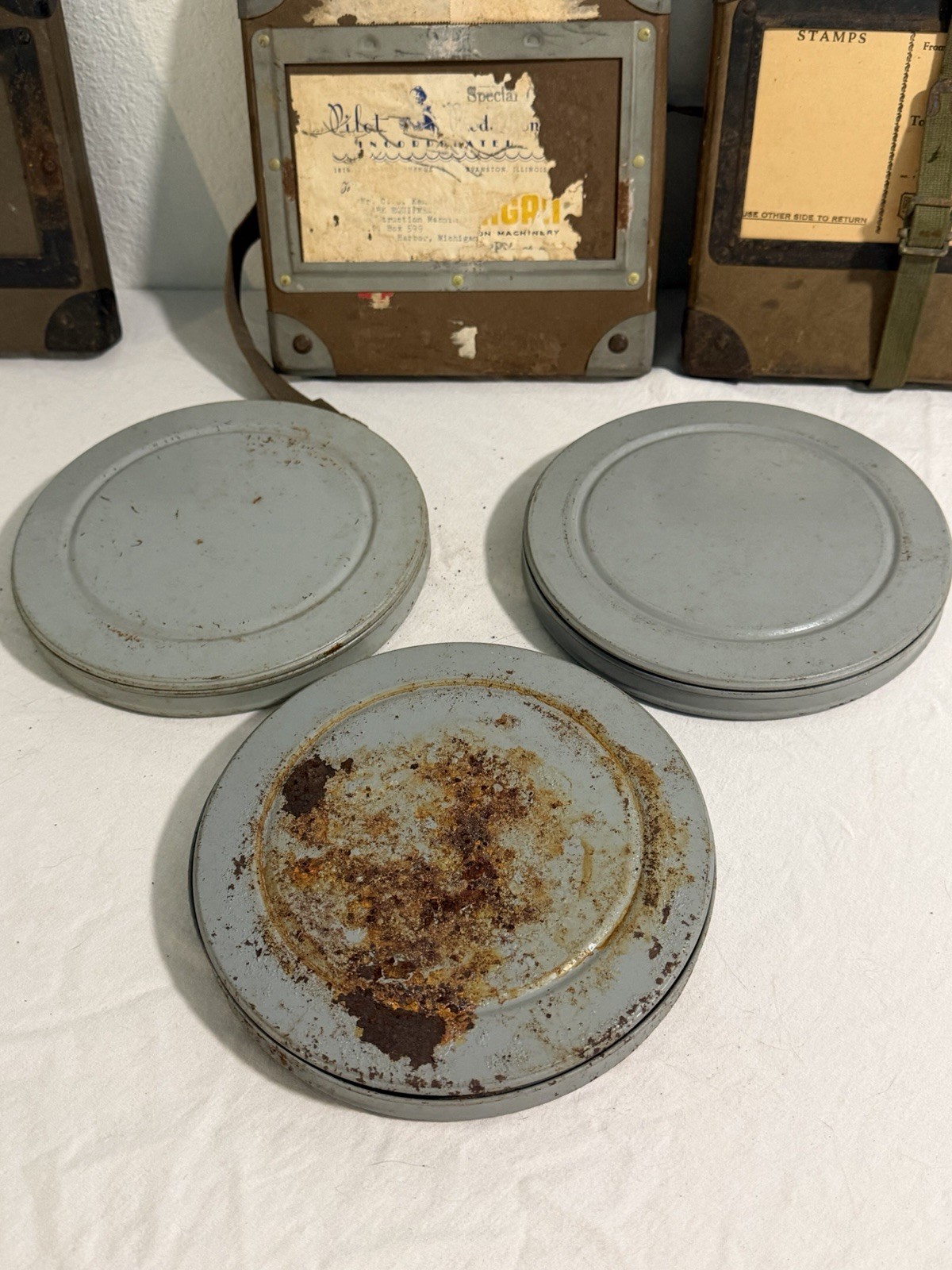 3 Vintage Film Reel Shipping Box Mid Century 16mm Fiberboard Strap W/ 3 Reels