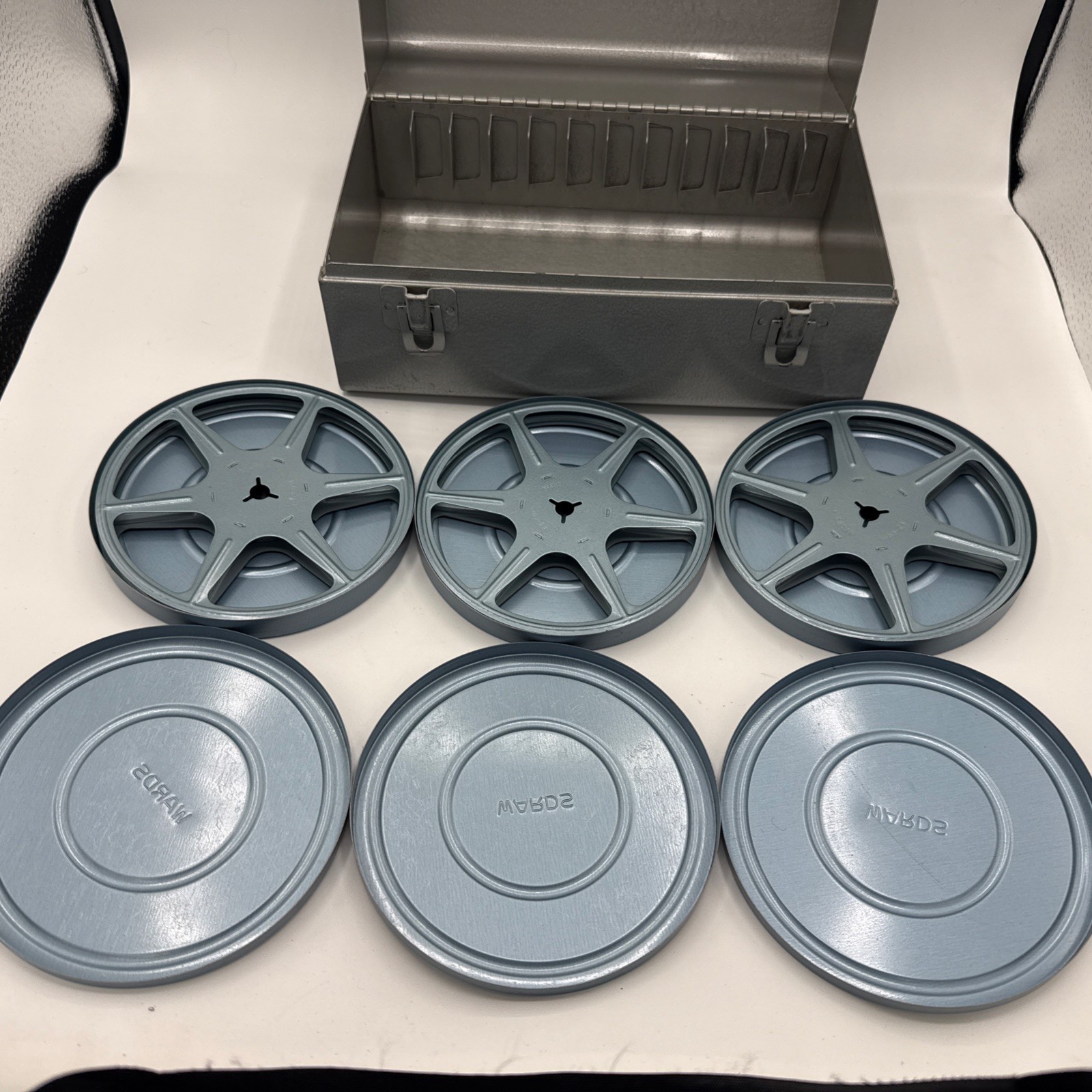 Brumberger Vintage Metal Film Can Storage Case Box with 3 – 5″ Reels W/ Tins
