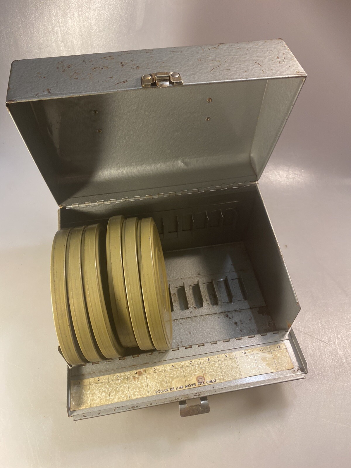 Vintage Reel To Reel Metal Storage Box W/ 6 Empty Metal Reel Cases