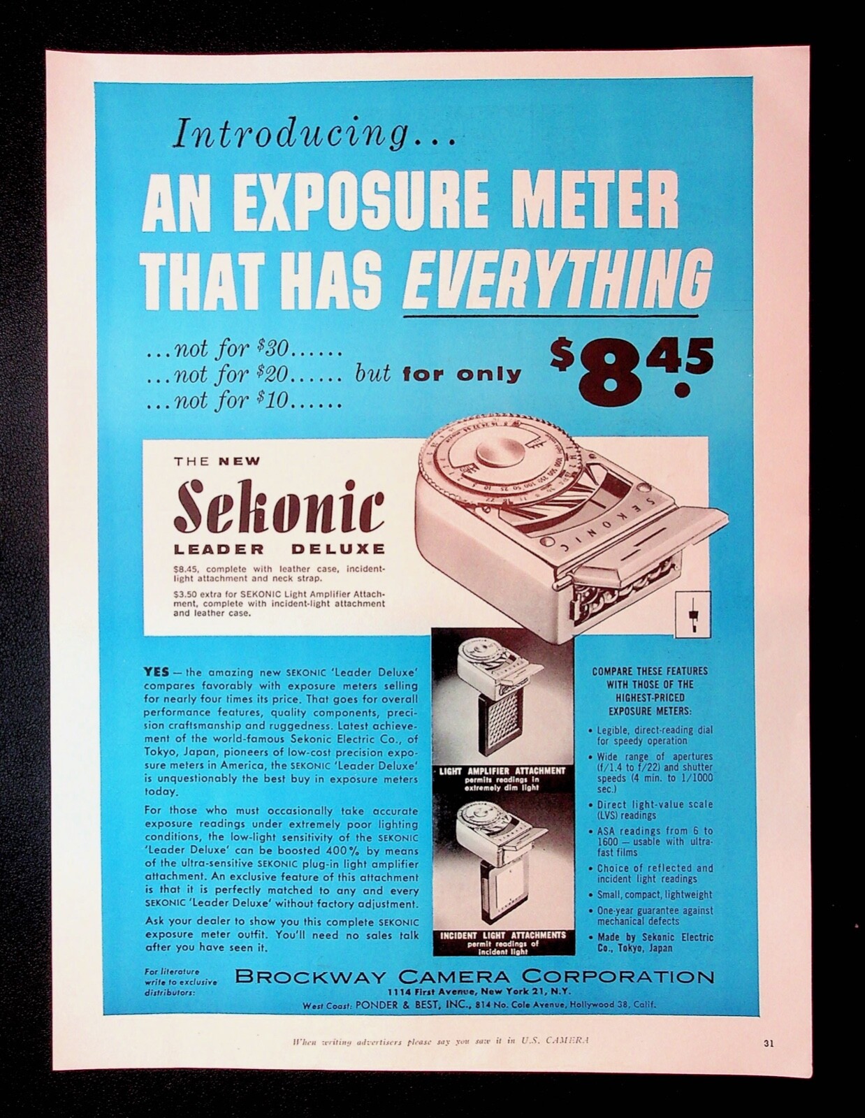 1956 Sekonic Exposure Meter Camera Accessory Brockway Camera Vintage Print Ad