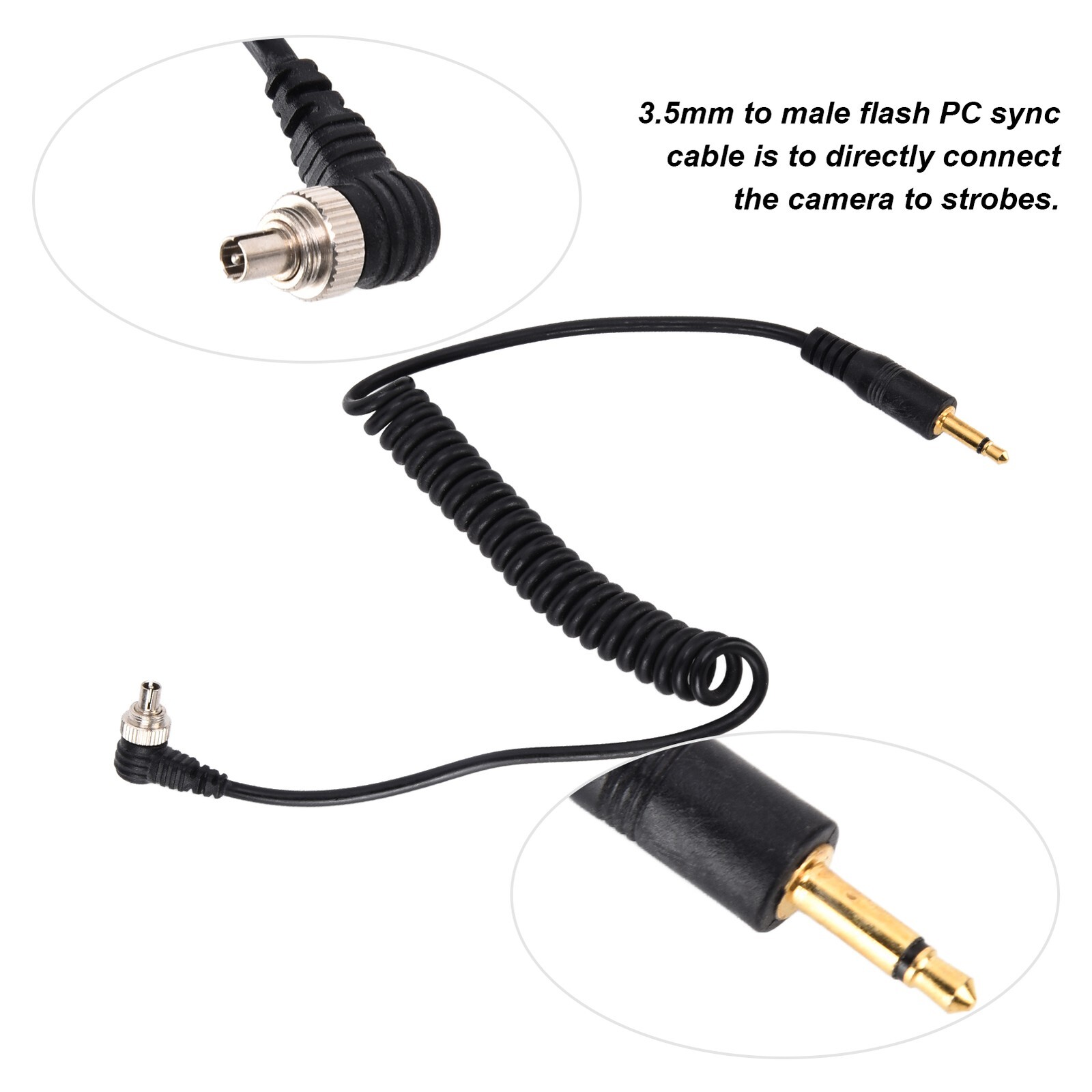 2pcs Universal 3.5mm to Male Flash PC Sync Cable Coiled Cord with Screw Lock