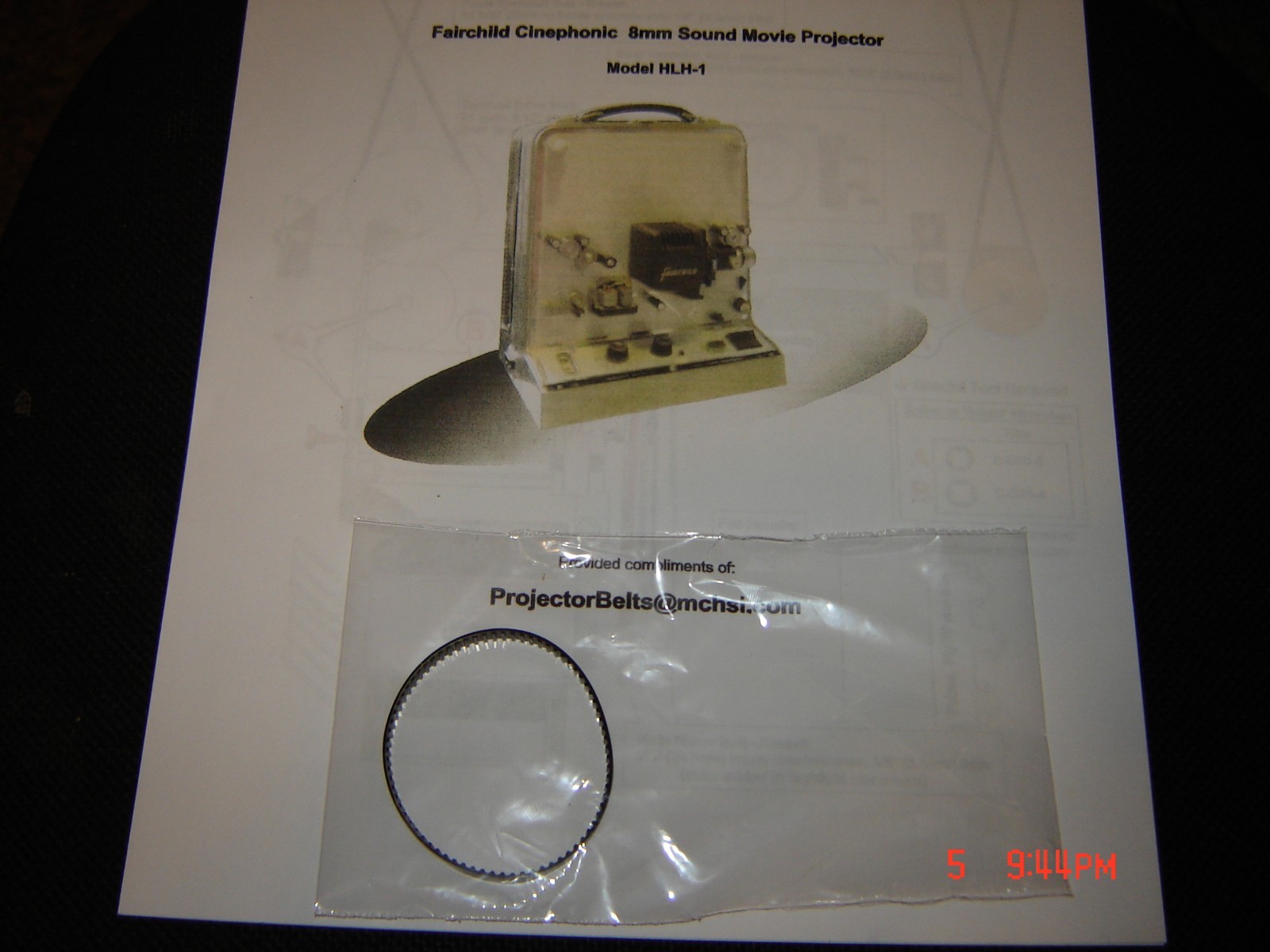 8mm FAIRCHILD Cinephonic 8,HLH-1 Projector Belt,Teethed Drive Belt & Instruction