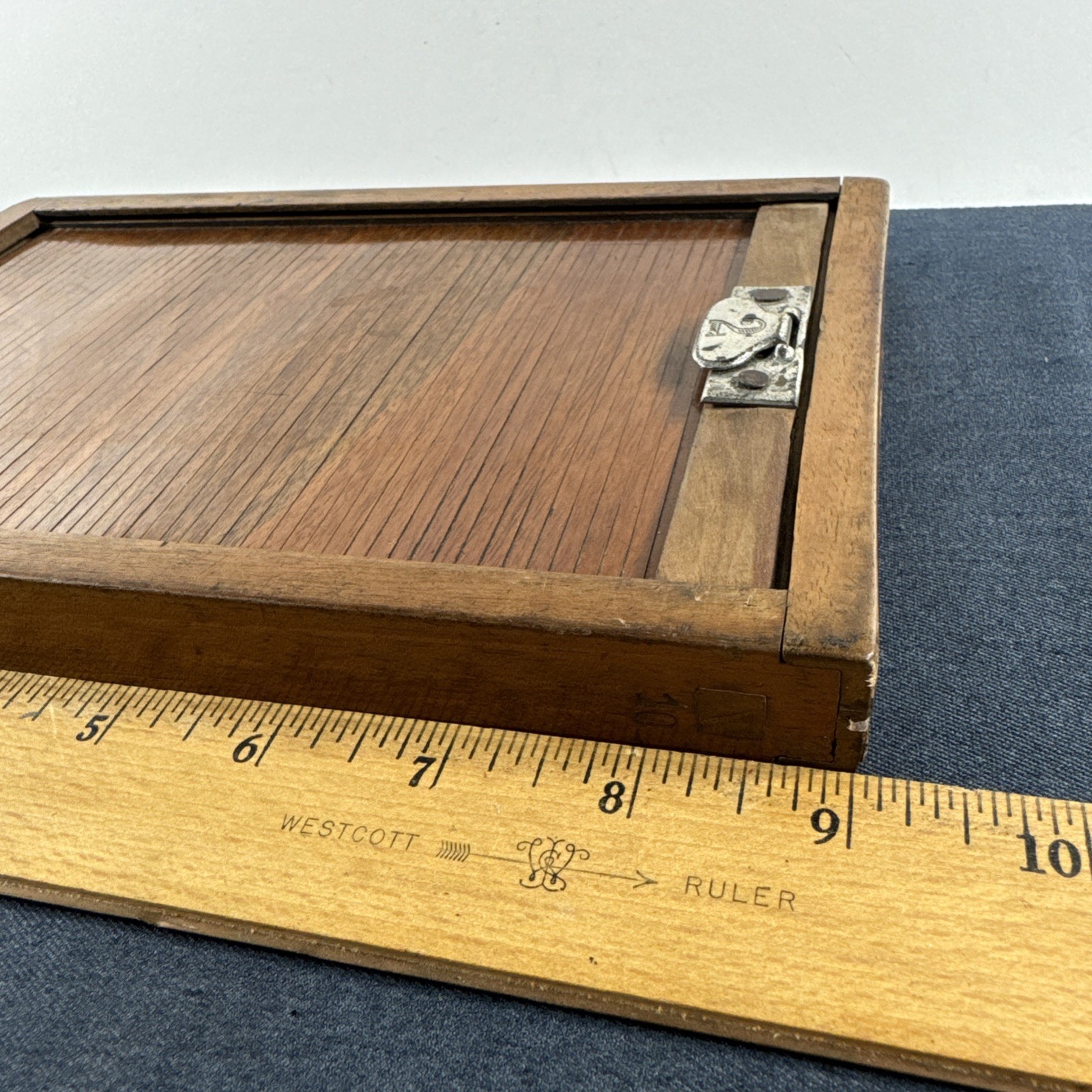 Rare Wooden 5x7in Glass Plate Double Sided Tambour Style Roller Blind Slide