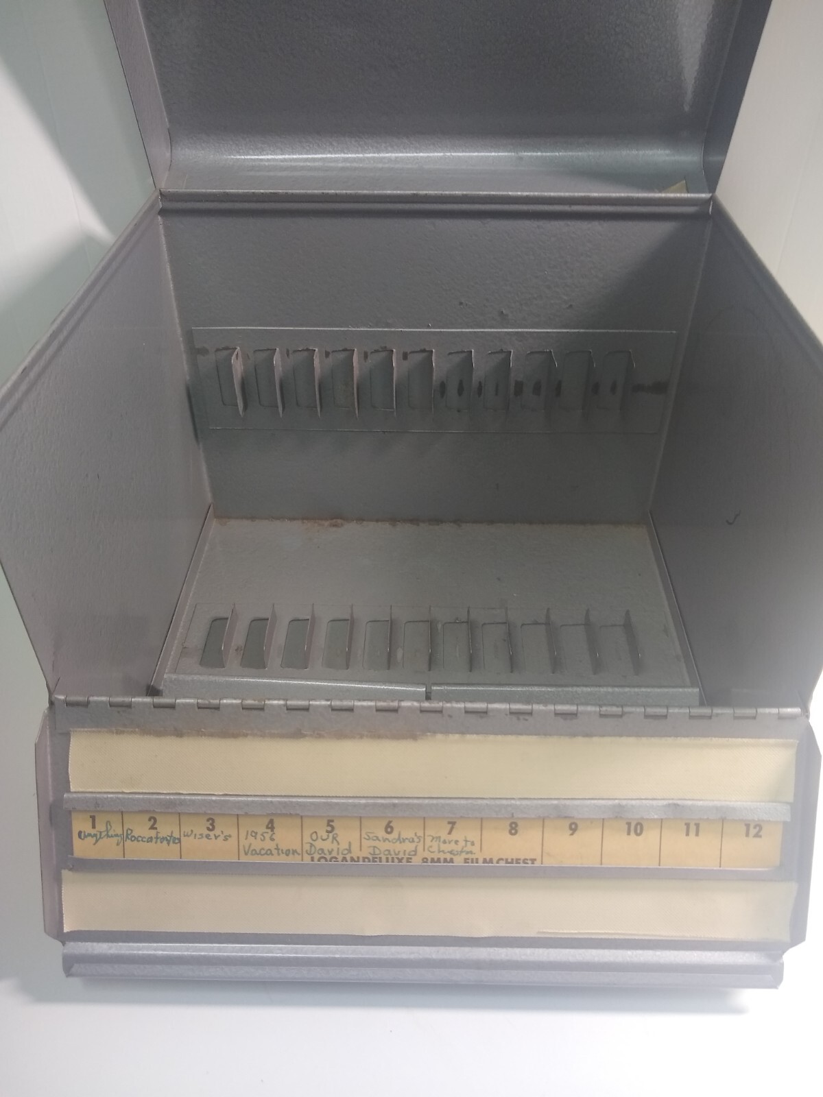 Vintage Logan Deluxe Silver Metal 8mm Film Reel Chest 12 Slots Box Storage