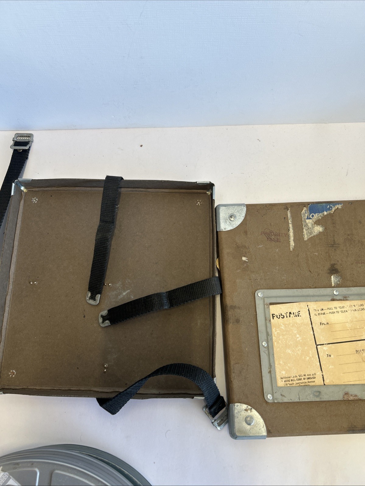 Vintage Film Reel Shipping Box Mid Century 16mm Fiberboard Strap 10” X 10”