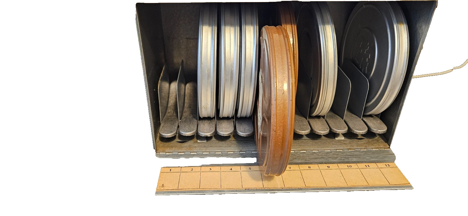 VINTAGE 1950’S METAL BRUMBERGER 16MM/8 MM FILM STORAGE BOX 12 SLOT 7 REELS+CASES