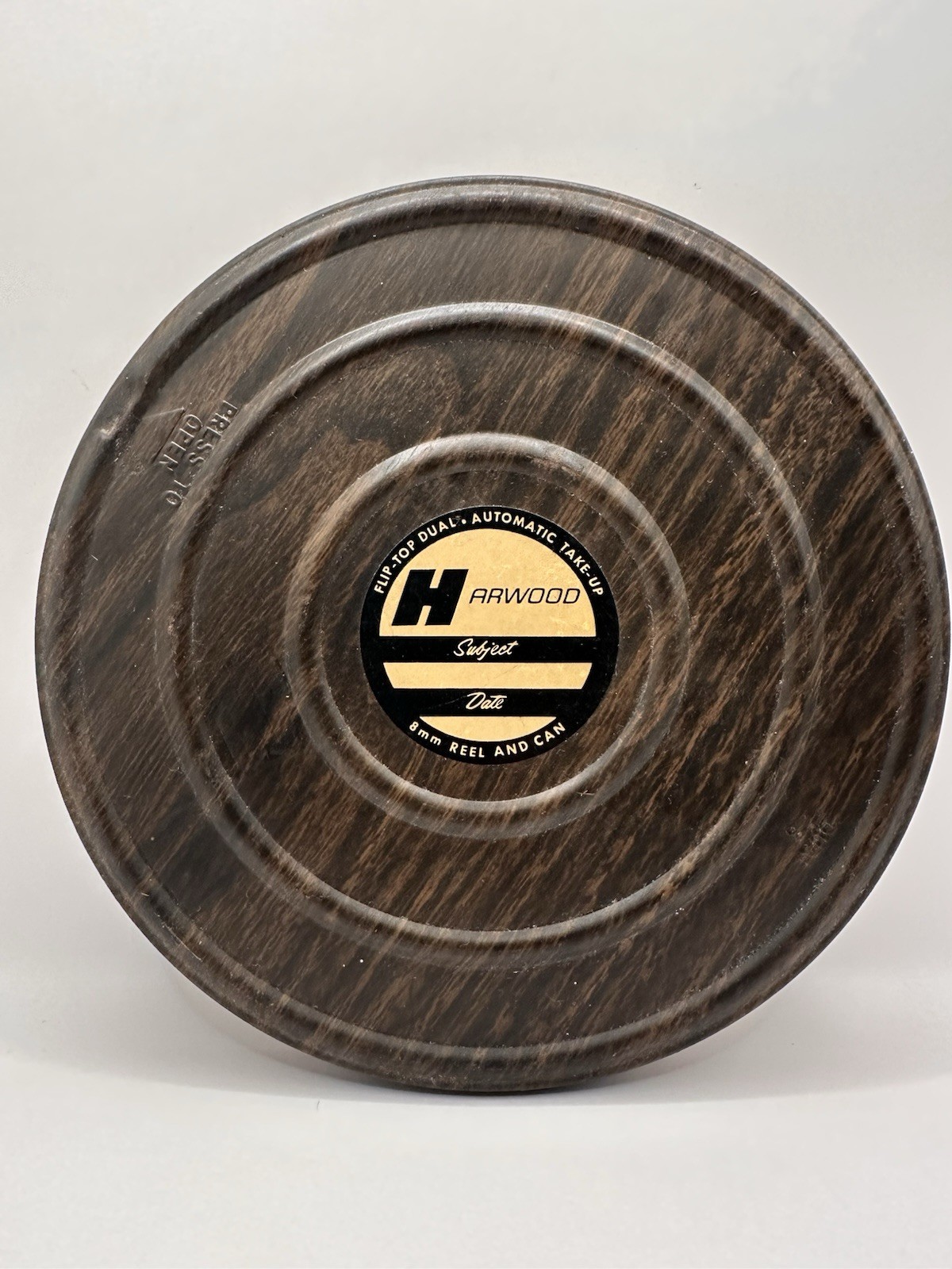 Vintage Harwood Empty 8mm Film Reel Can Faux Wood Flip Top Dual Take Up
