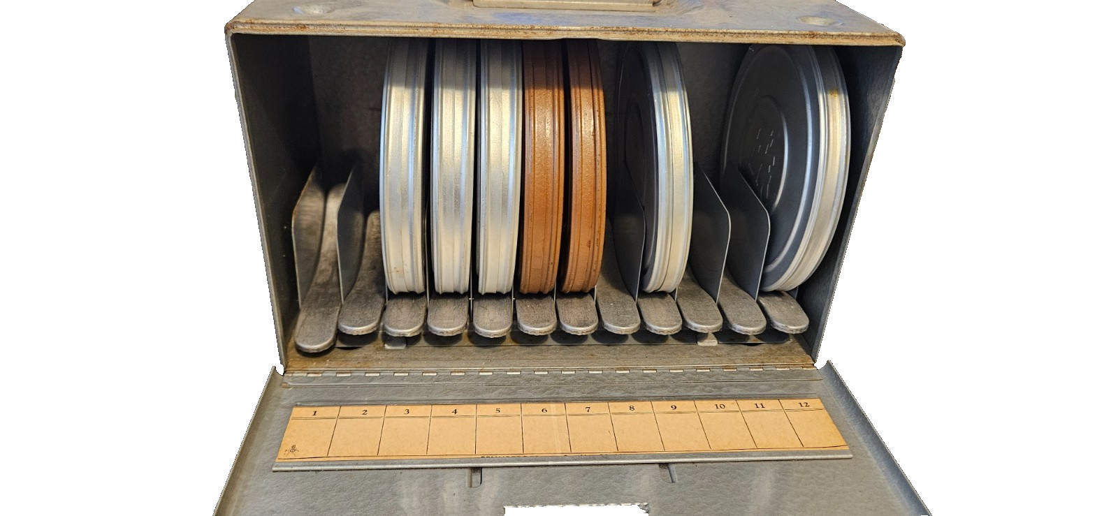 VINTAGE 1950’S METAL BRUMBERGER 16MM/8 MM FILM STORAGE BOX 12 SLOT 7 REELS+CASES