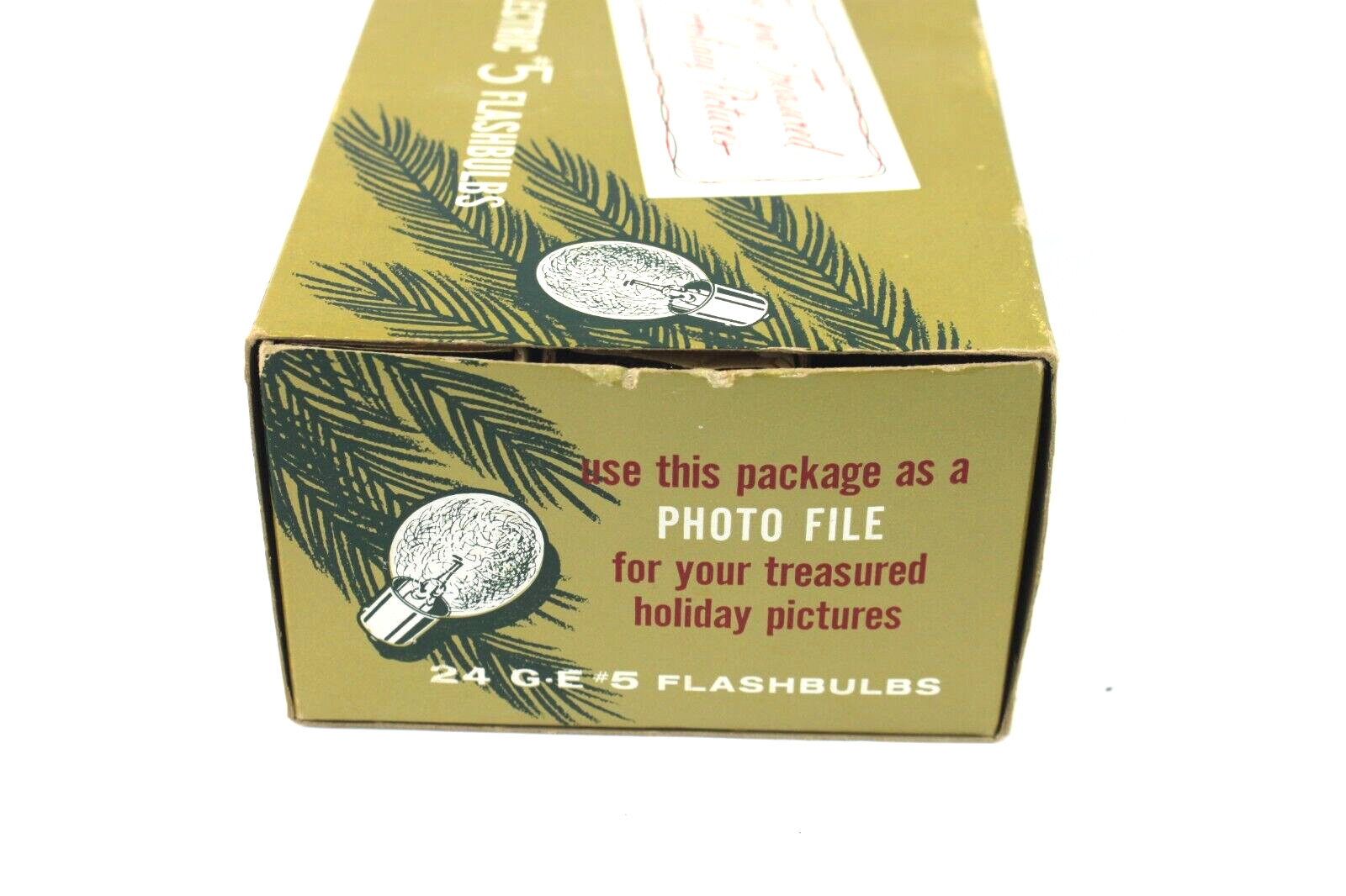 NOS GE #5 Flash Bulbs in Vintage Holiday Photo File Box, 15 bulbs total
