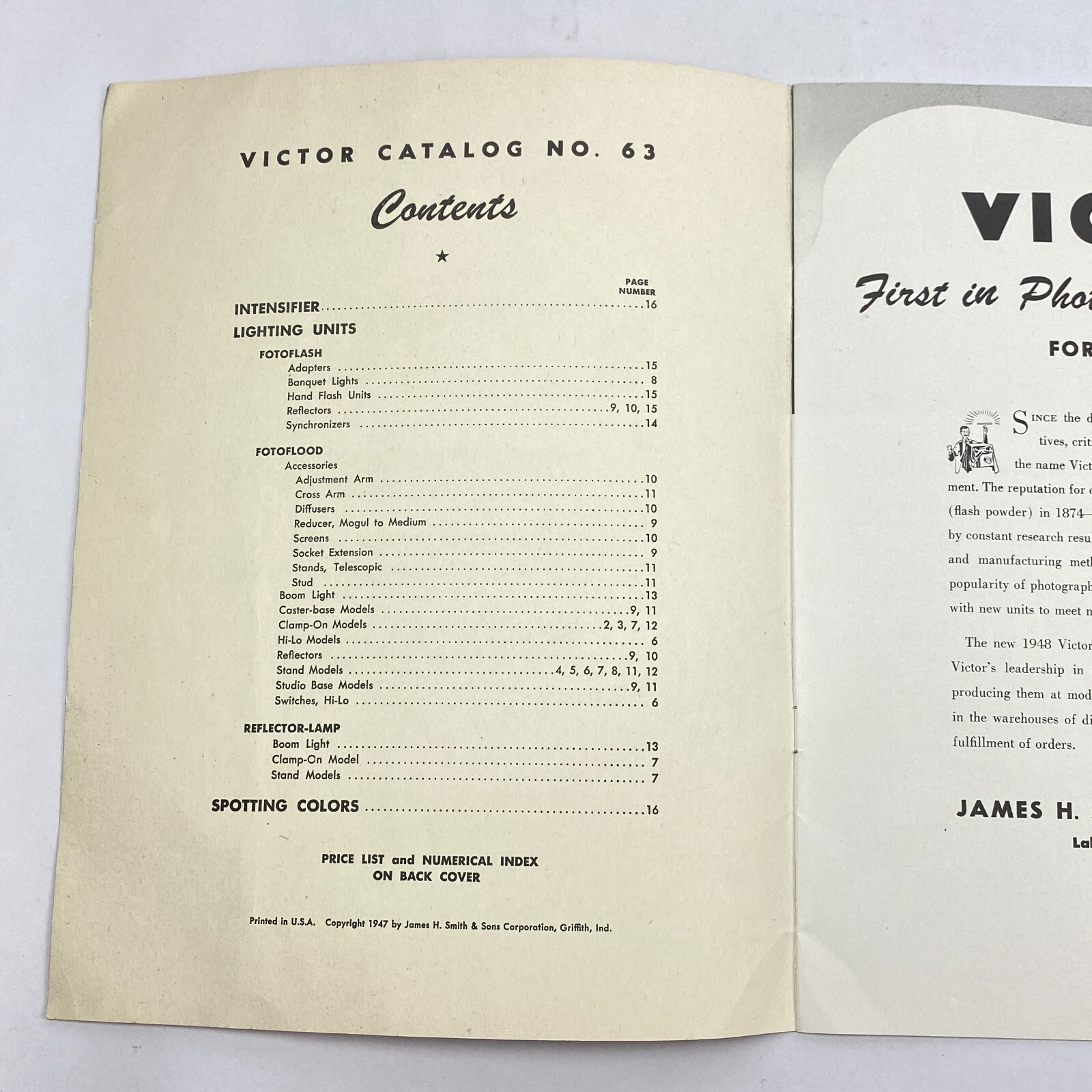 1947 Victor Photographic Book Lighting Equipment Supplies Smith Sons Griffith IN