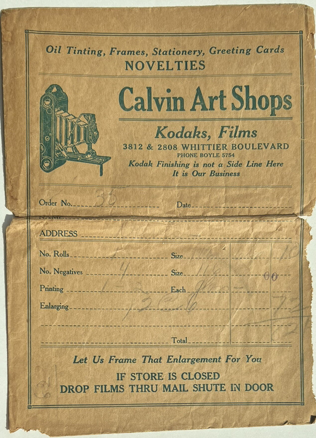 Rare 1906 CALVIN ART SHOPS KODAK FILM ENVELOPE Whittier Blvd Los Angeles CA 4E