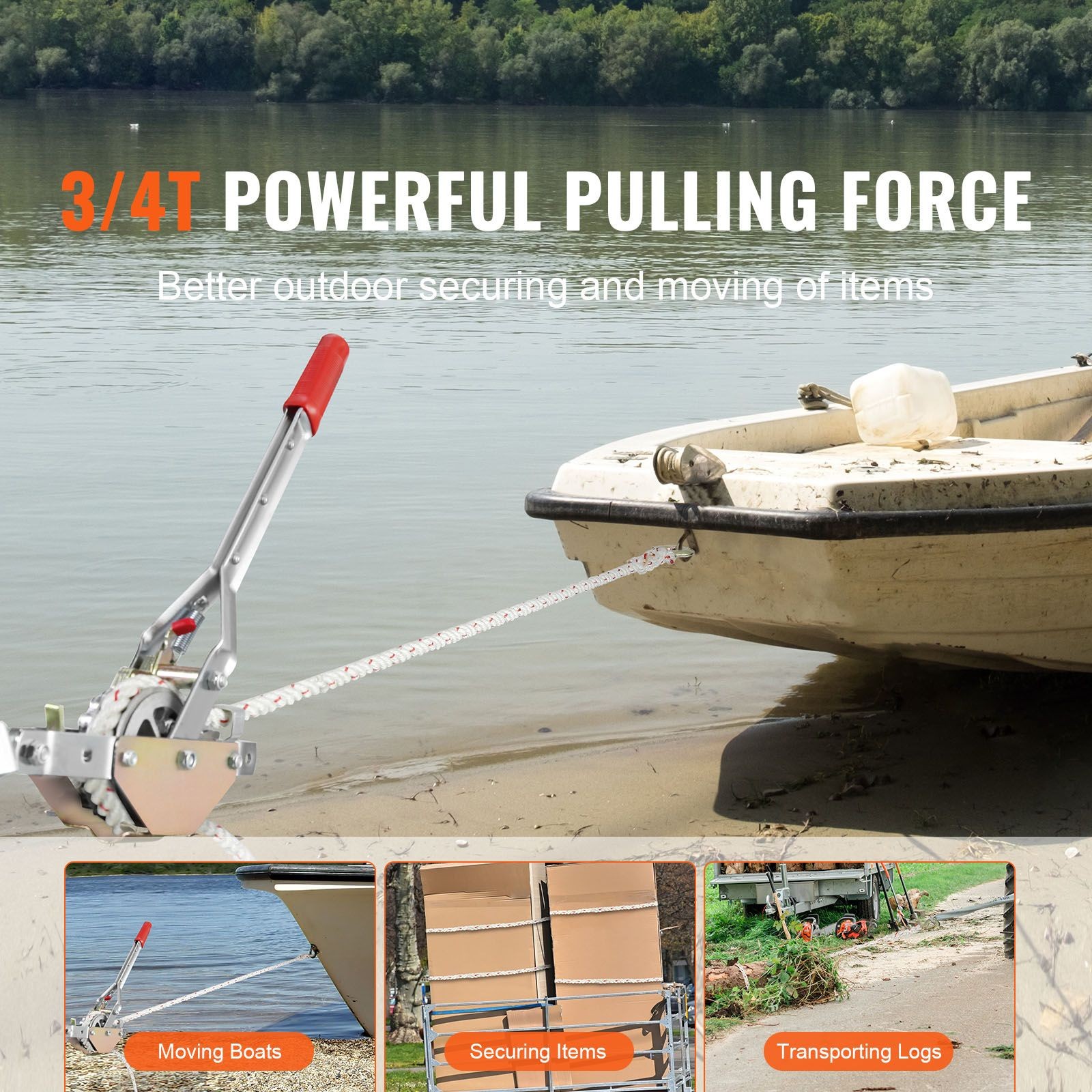 Rope Puller, 3/ 4 Ton (1, 653 lbs) Pulling Capacity, with 100′ of 0.6″ dia. Rope