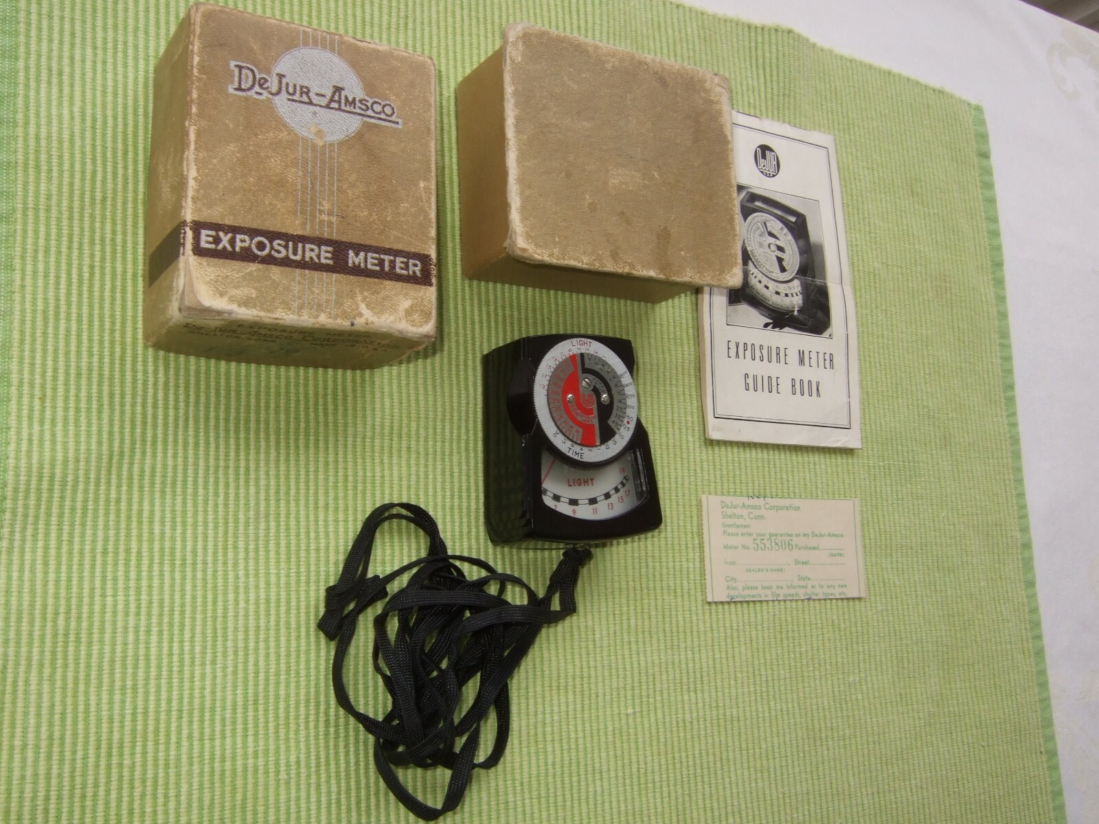 Vintage DeJur Exposure Meter with Strap ~ Made in USA Box Instruction Book 5B