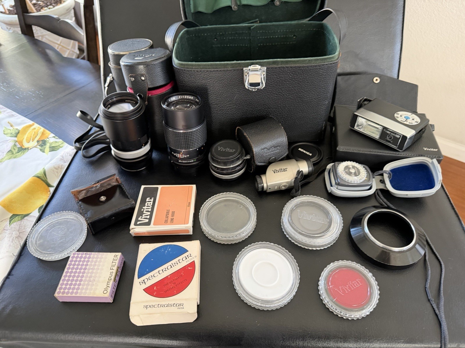 Vintage Camera Lenses Flashes And Filter. Konica Miida And More.