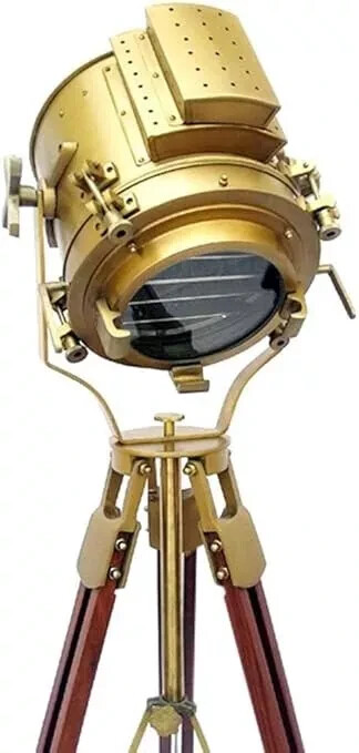 Antique Finish Brass Spotlight Searchlight Wooden Tripod Floor Lighting