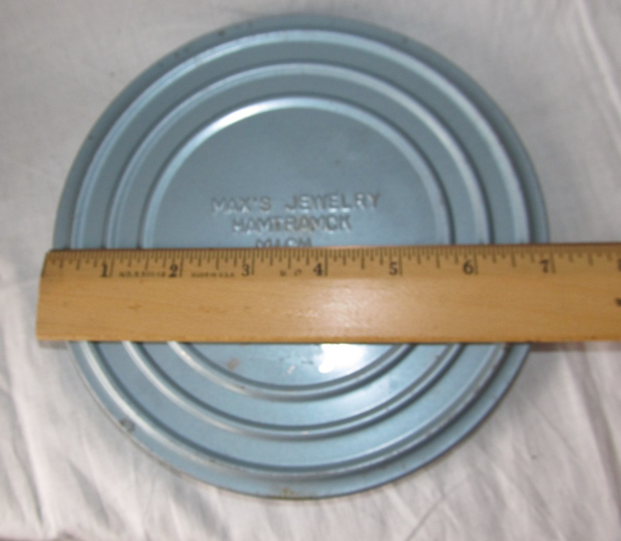 Vintage Max’s Jewelry Hamtramck Metal Tin Canister w/ Film Reel 7″ Blue Color