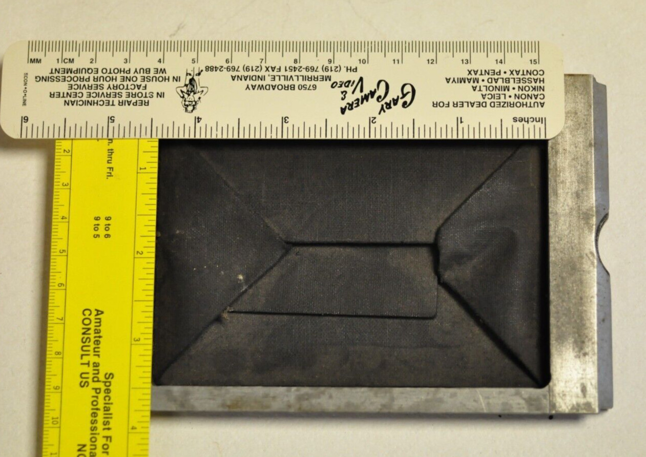 Linhof aluminum focus back for a 3 1/4 x 4 1/4″ format.