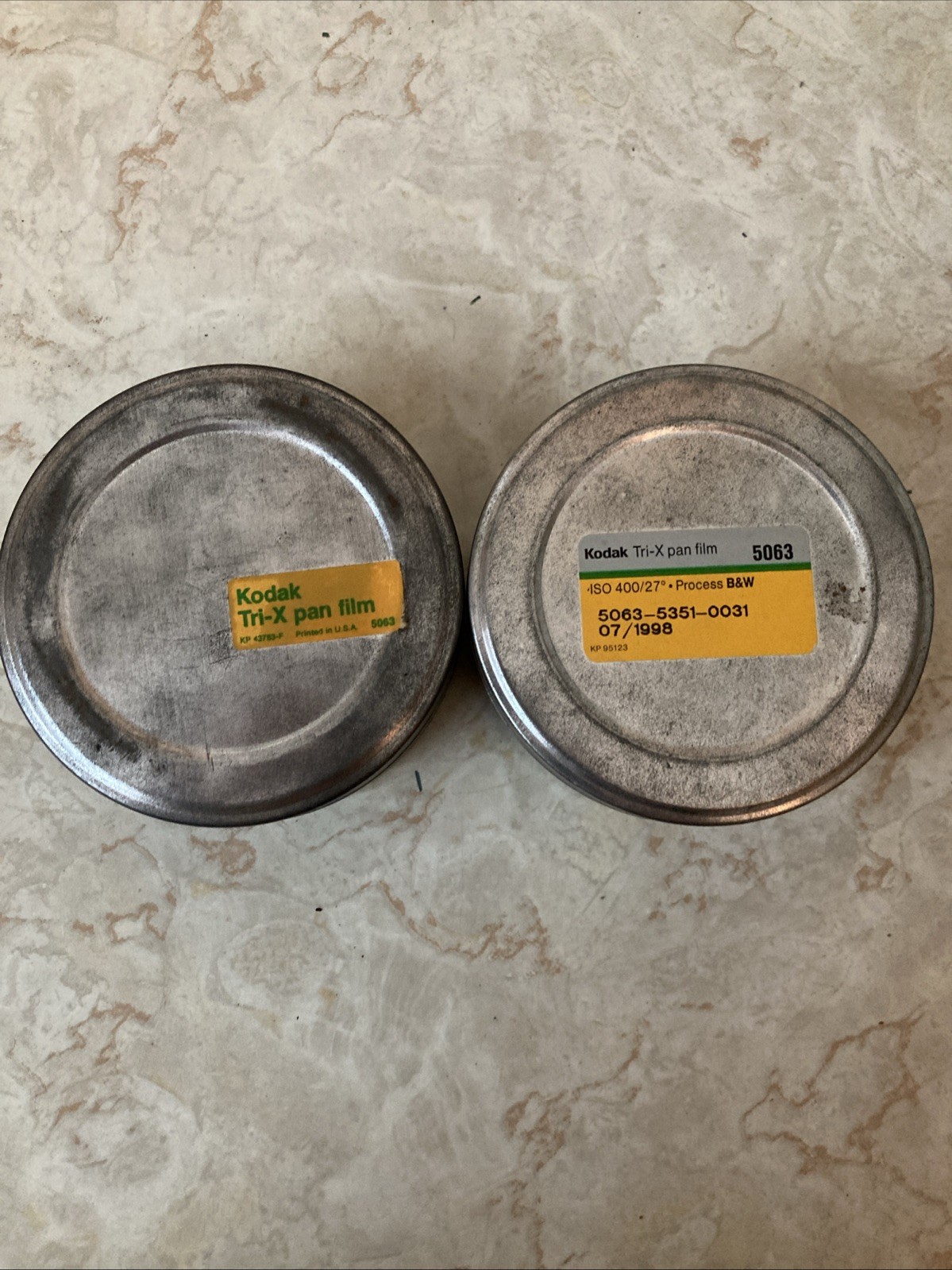 2 Empty Metal Kodak Tri- X Pan Film Round Tin Canisters 4” X 1 1/2”