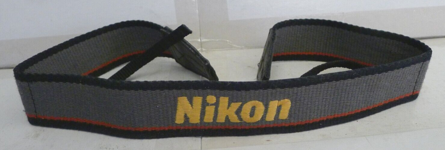 Nikon 1 1/2″ Wide Camera Neck Strap – Grey w/Red Stripe Yellow Logo -Gently Used