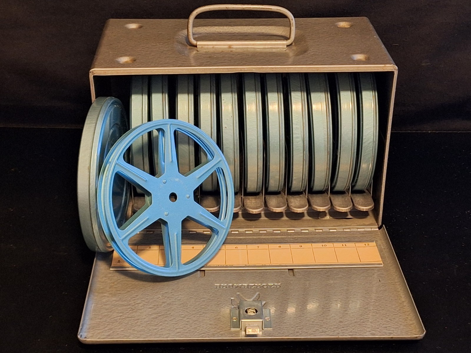 Brumberger 8mm 5″ 12 Reel Film Storage Cabinet Case Box Ejector w Reels & Cans