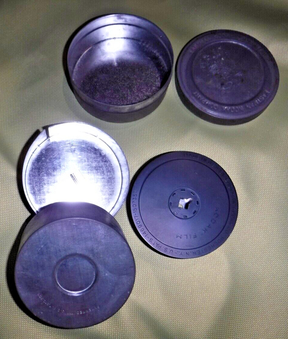 EASTMAN KODAK CO 2 VINTAGE TINS CONTAINERS AND 1 METAL REEL