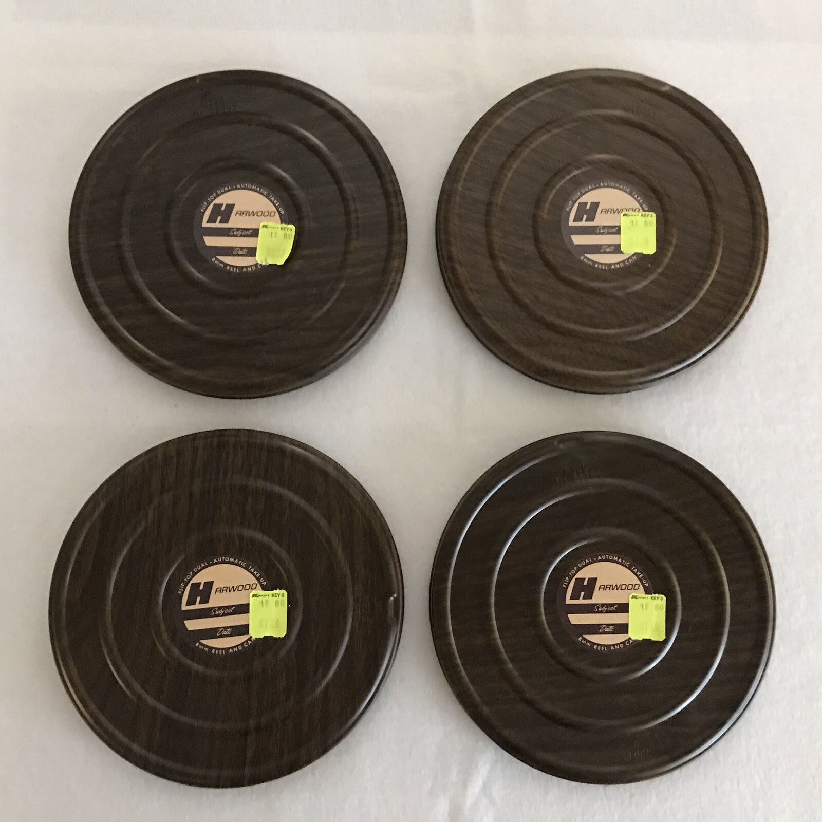 NOS Vintage Lot of 4 Harwood Flip Top Dual 8mm Metal Movie Reels and Cans 7″