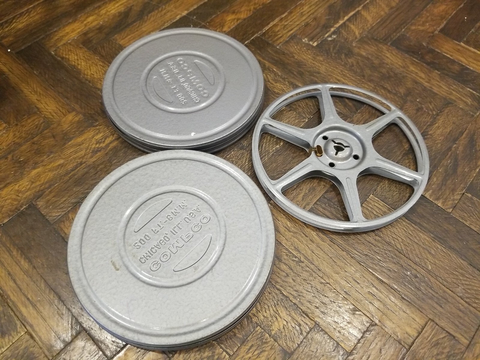 3 Vintage 8mm Film Metal Reel Camera Compco Cases & Reels Dual 8