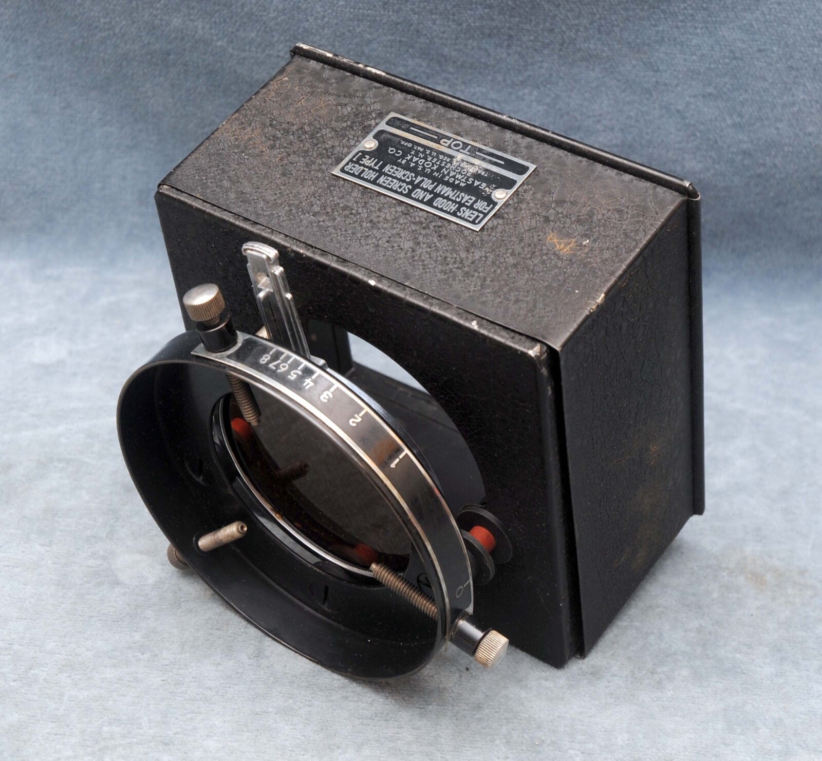 VINTAGE LARGE CLAMP-ON LENS HOOD & FILTER HOLDER FOR BARRELS OD OF 2″ TO 3-1/4″