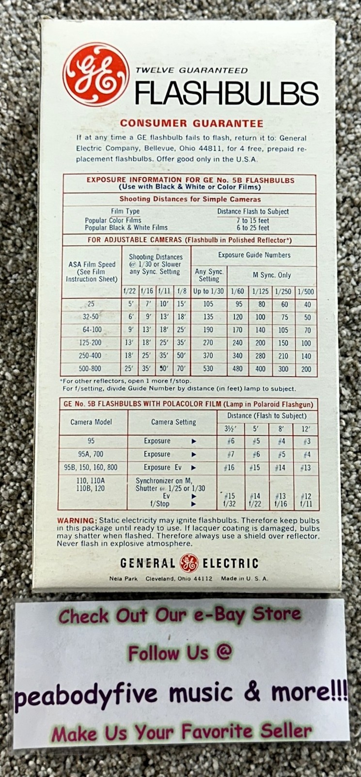 Vintage GE GENERAL ELECTRIC #5B Flashbulbs FULL Box Of 12 (BULBS) New Old Stock
