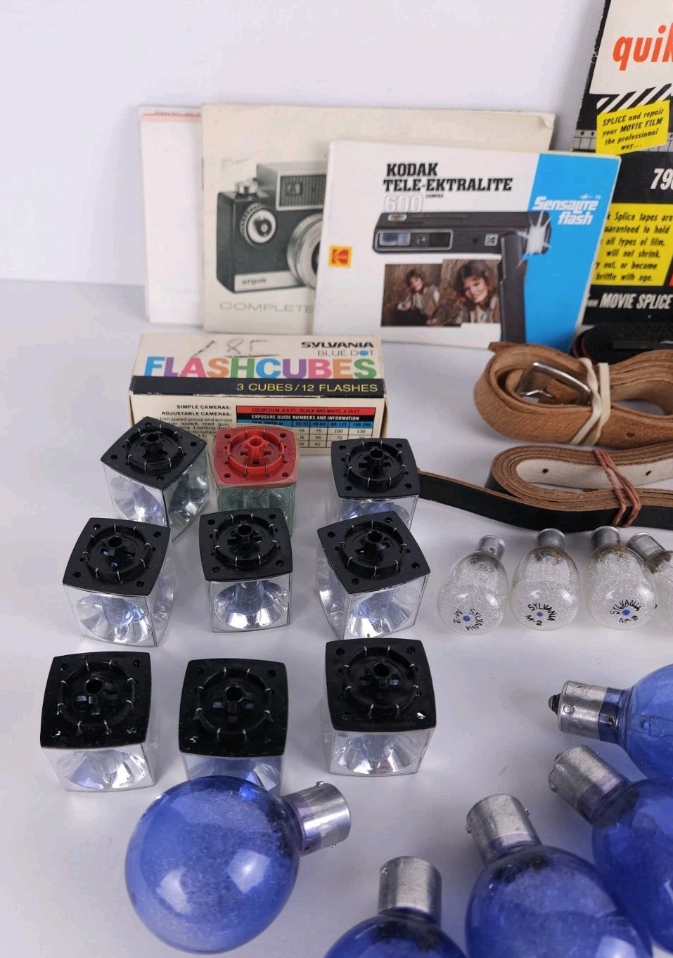 Junk Drawer Lot Of Vintage Camera Camcorder Parts – Bulbs Straps Tapes Manuals