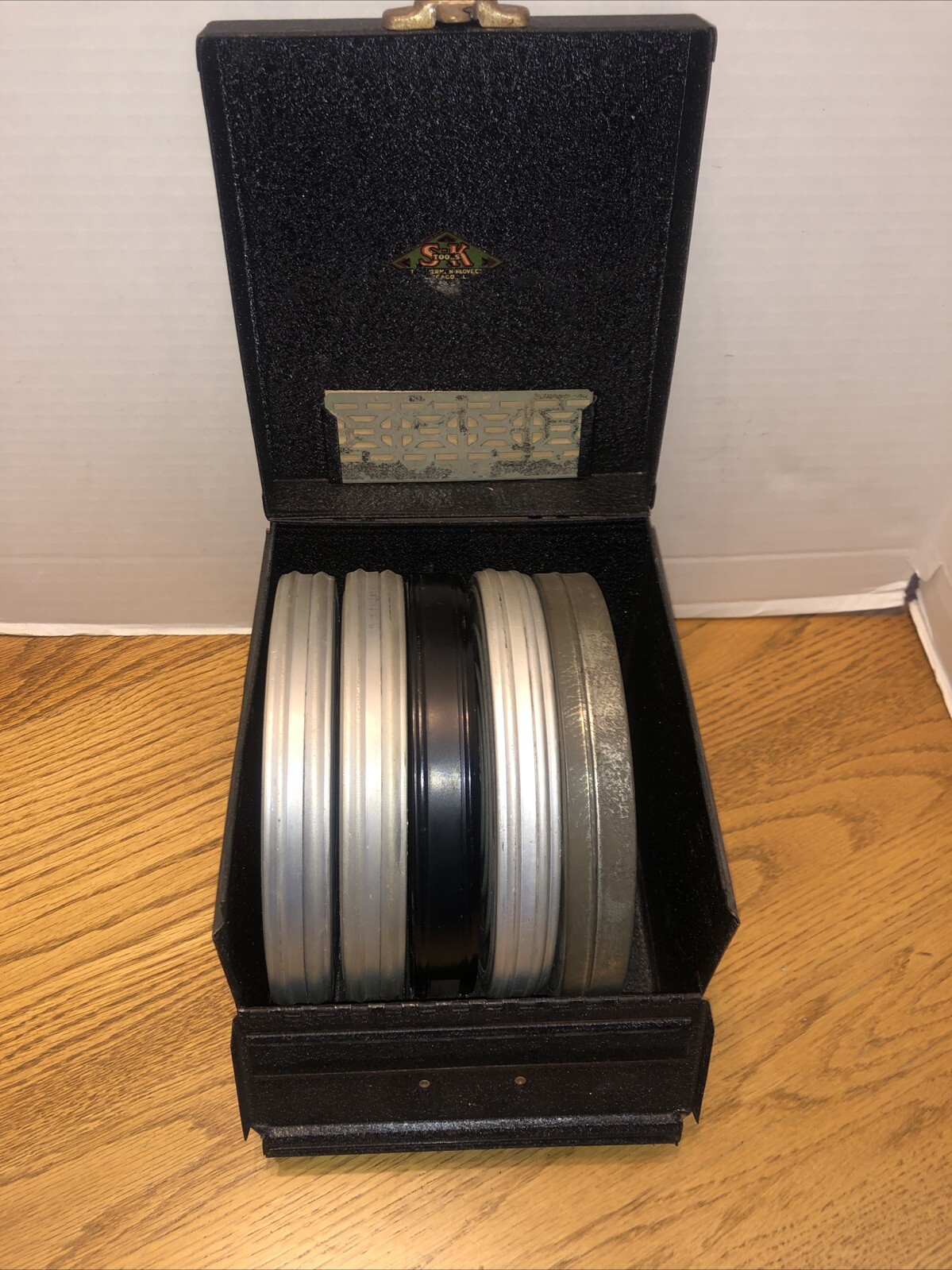 VINTAGE S-K TOOLS BLACK METAL FILM REEL BOX, CASE, TOOL BOX With Film Canisters