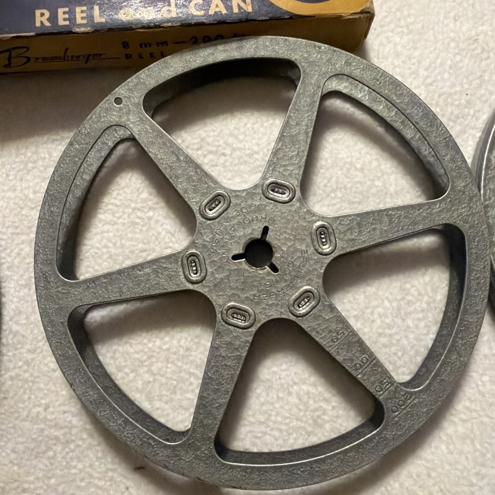 Set of 2 vintage Brumberger Reel And Can 8mm 200ft #1018 Tempered Steel Movie