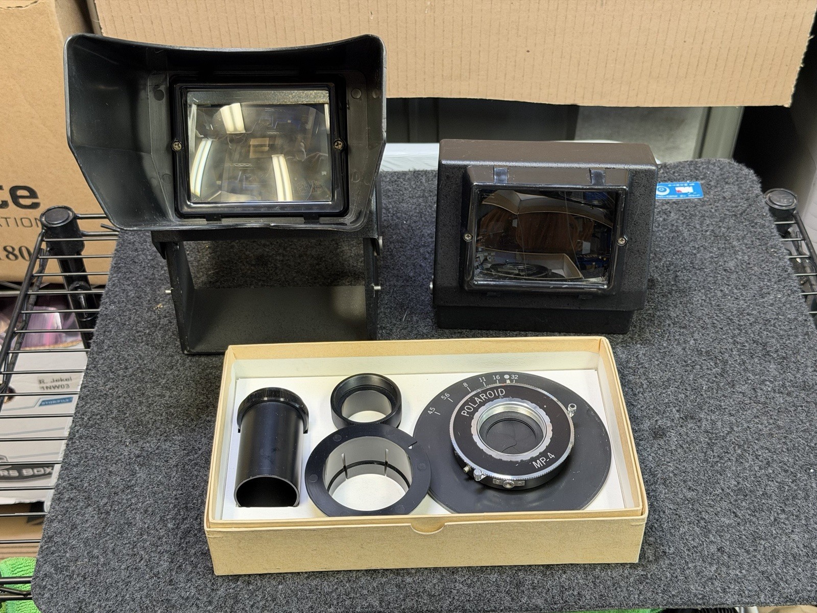 Polaroid MP-4 Land Camera Lot: Self-Cocking Shutter & Reflex Viewers Hood(Great)
