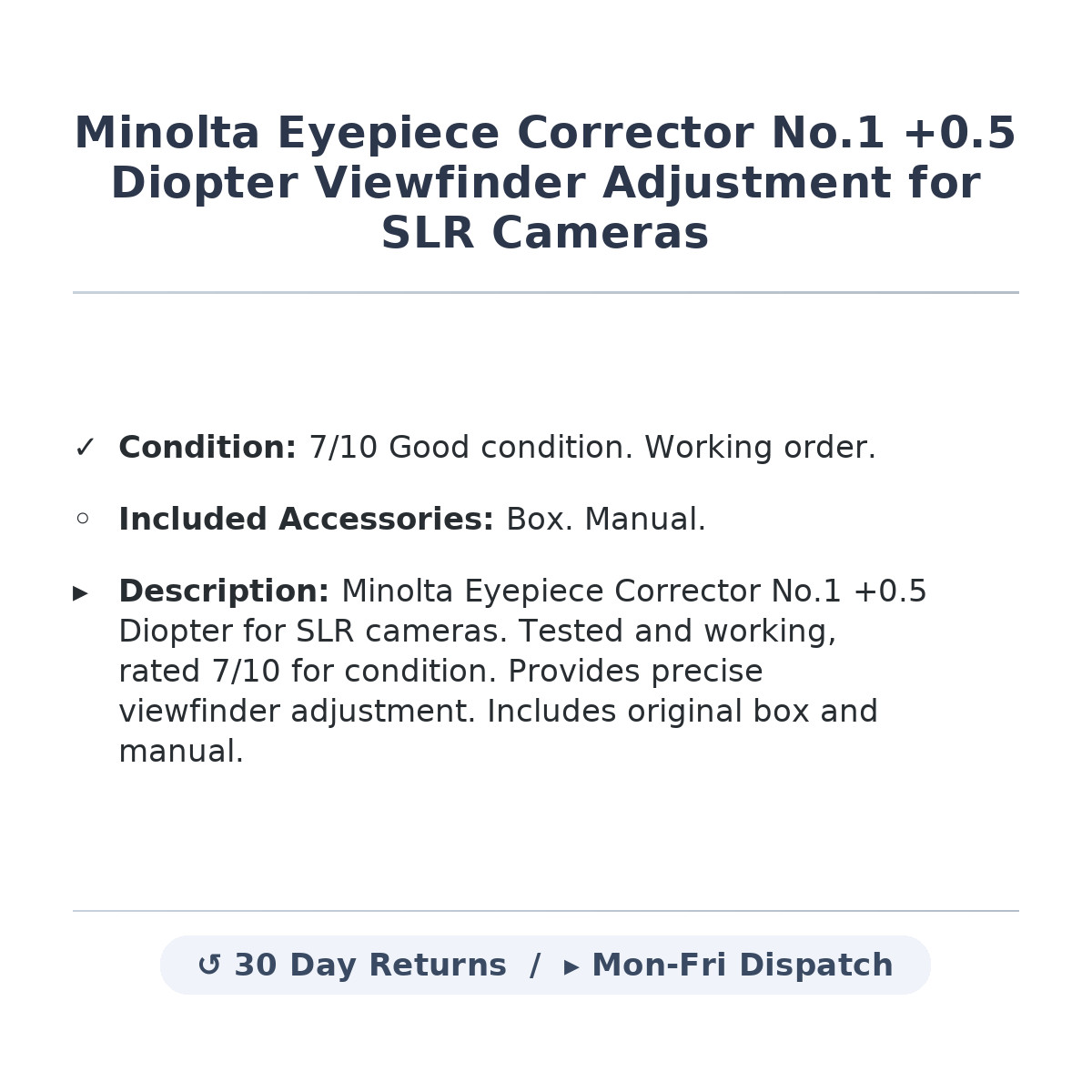 Minolta Eyepiece Corrector No.1 +0.5 Diopter Viewfinder Adjustment for SLR Camer