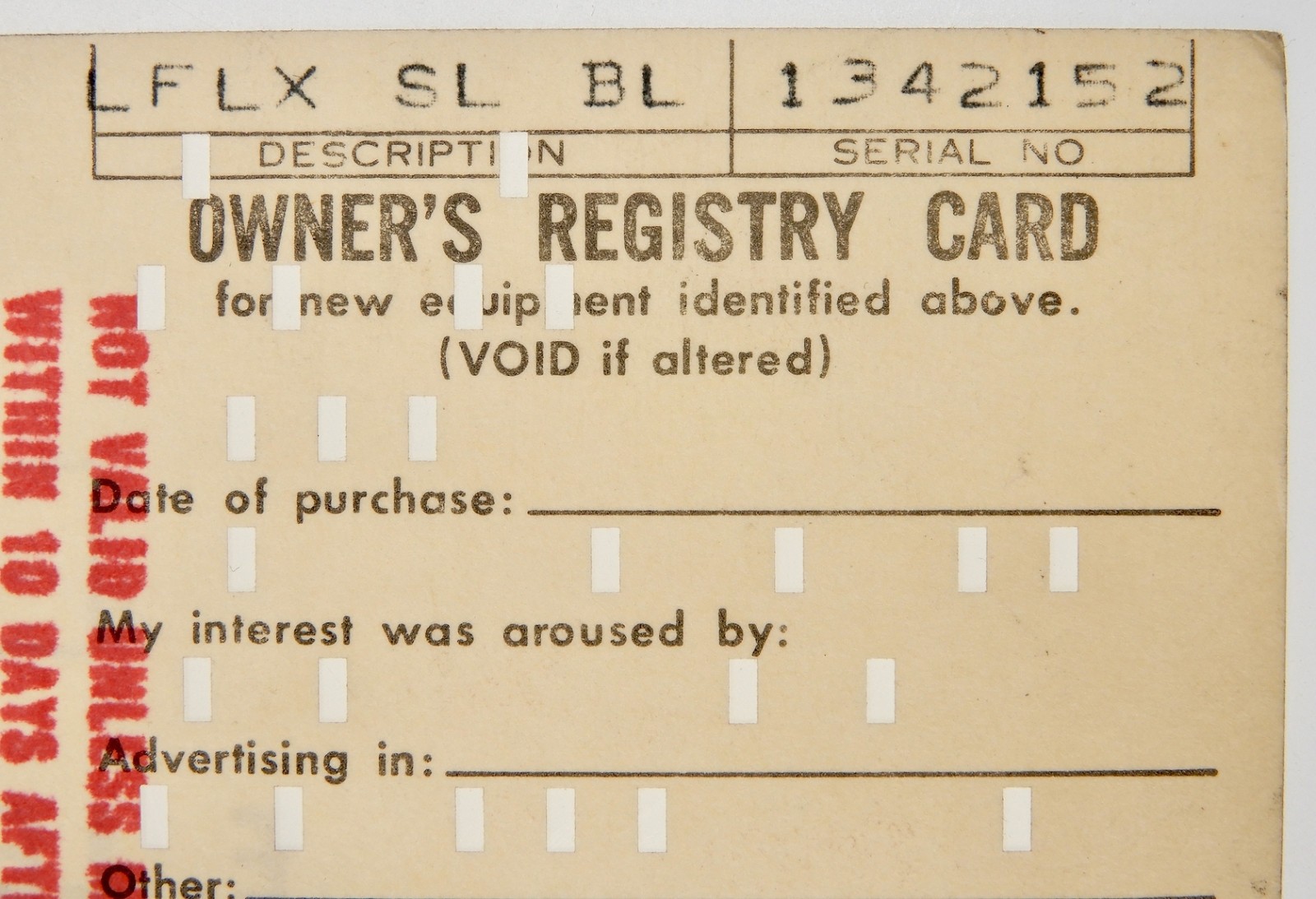 Owner’s Registry Card of Black Leicaflex SL #1342152