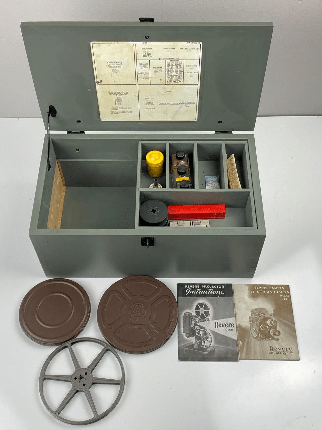 Vintage Electronics Spare Parts Wood Box + 8mm Revere Projector Camera Parts USA