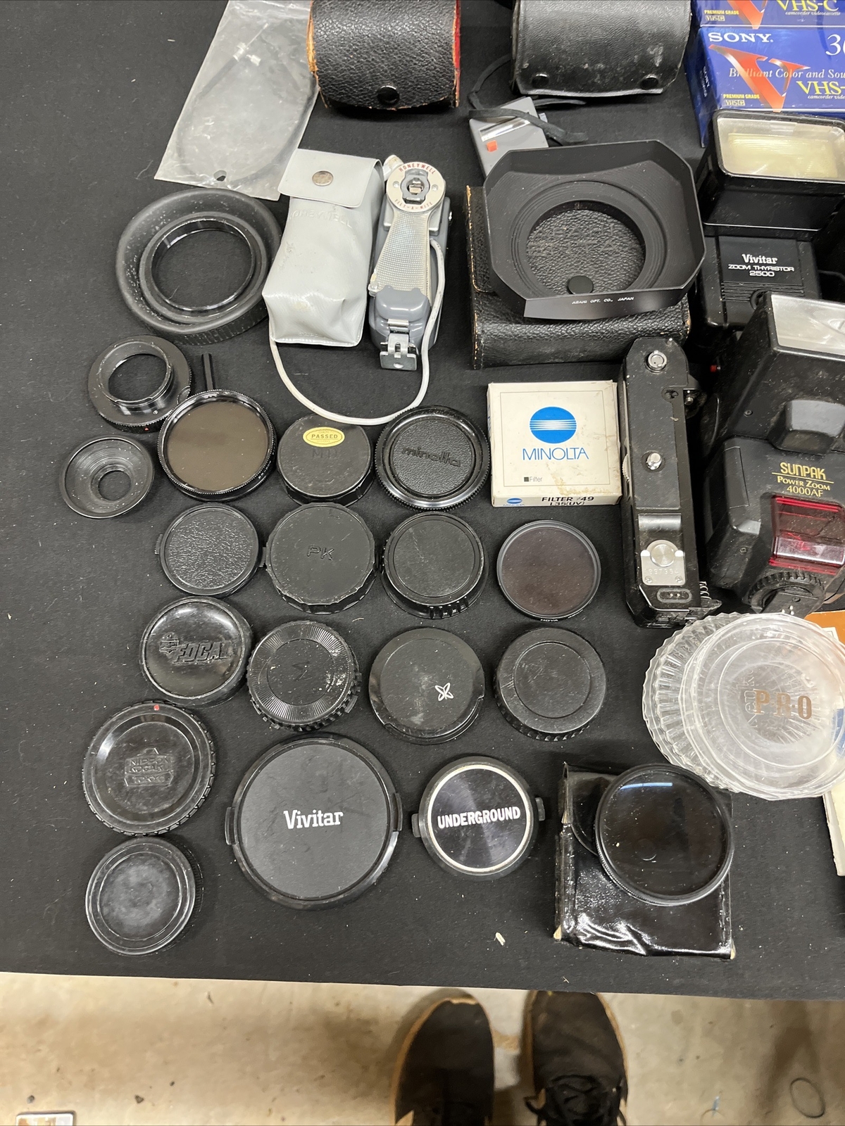 Vintage Lot Of Camera Accessories, Lenses, And Flashes