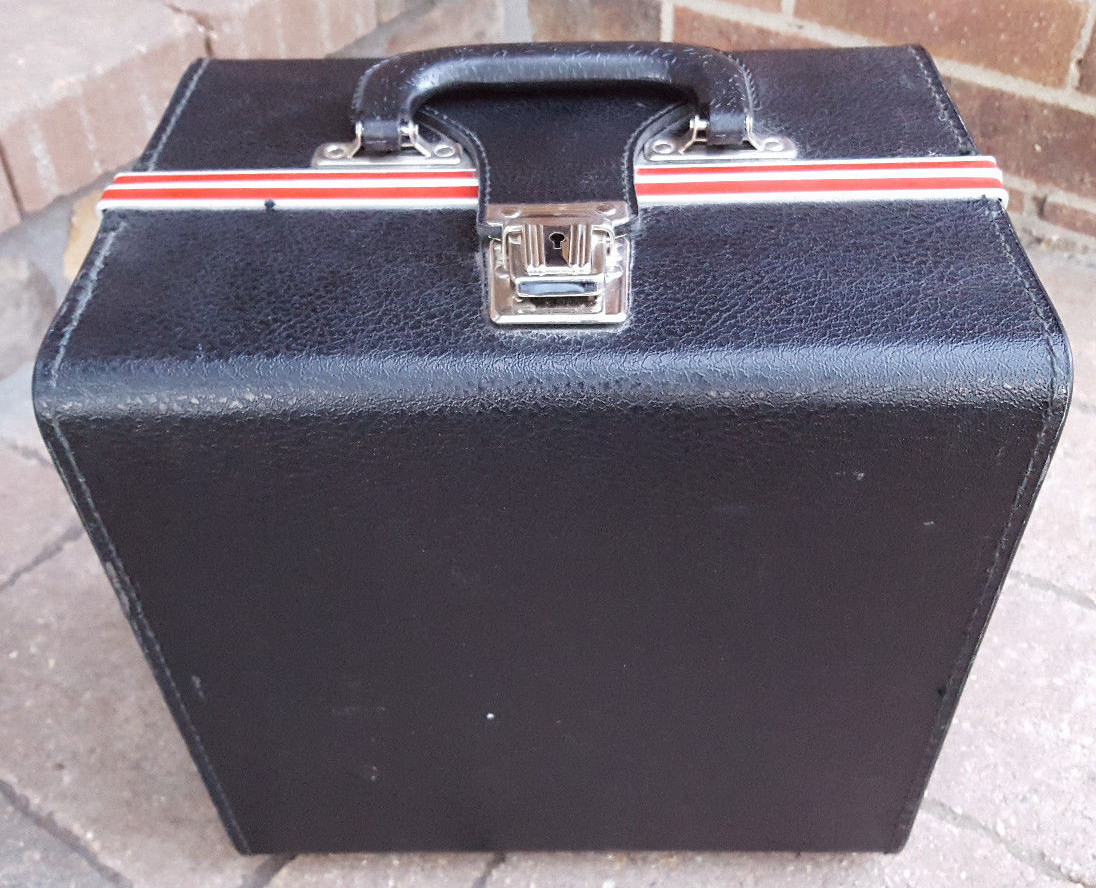 Vtg Camera Case/Box-Black w Red Stripe-Clasp-No Key-Strap-Film Photography Old..