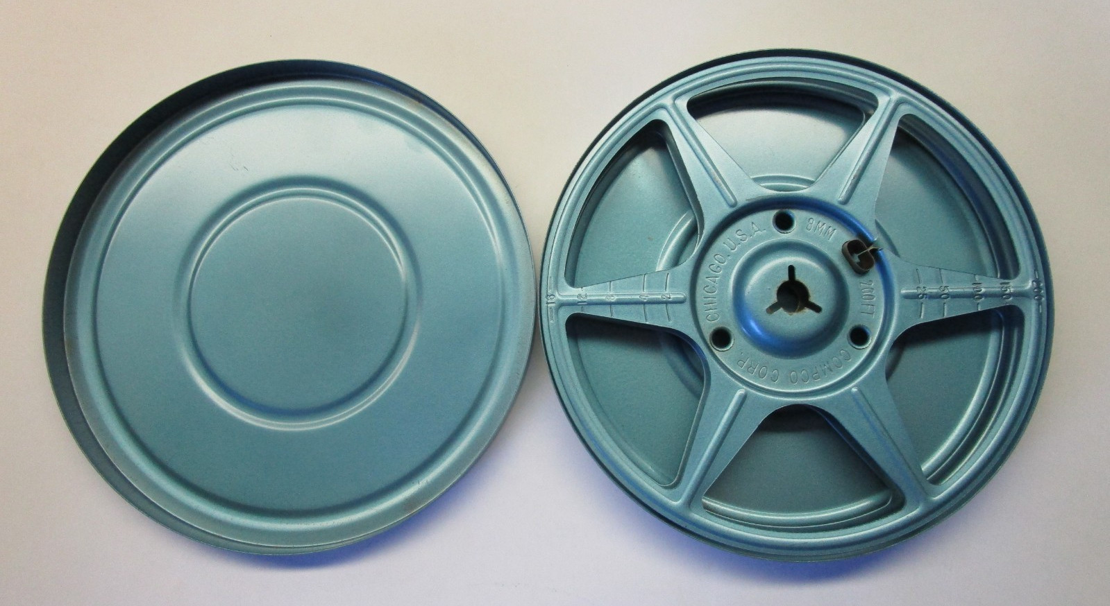 Vintage Compco Corp. 8mm/200ft 5” Blue Film Reel Canister and Reel