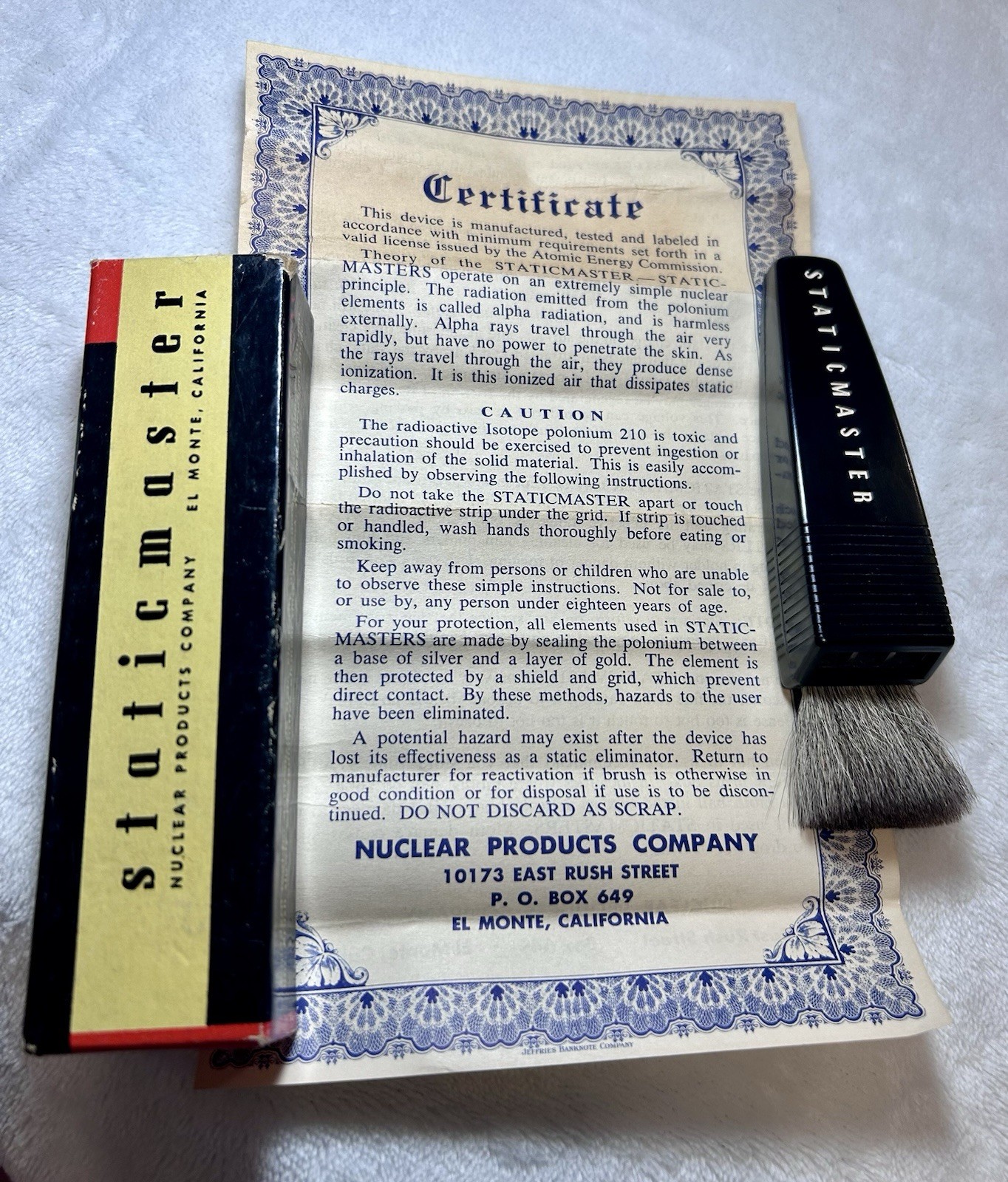 Staticmaster Anti-Static Brush w/ Box & Certificate, Nuclear Products Co.