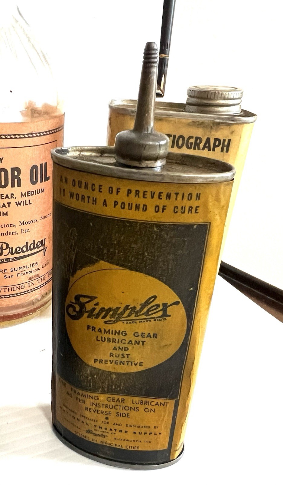 Antique Lot of SIMPLEX MOTIOGRAPH Film Projector Oil Tins and MORE