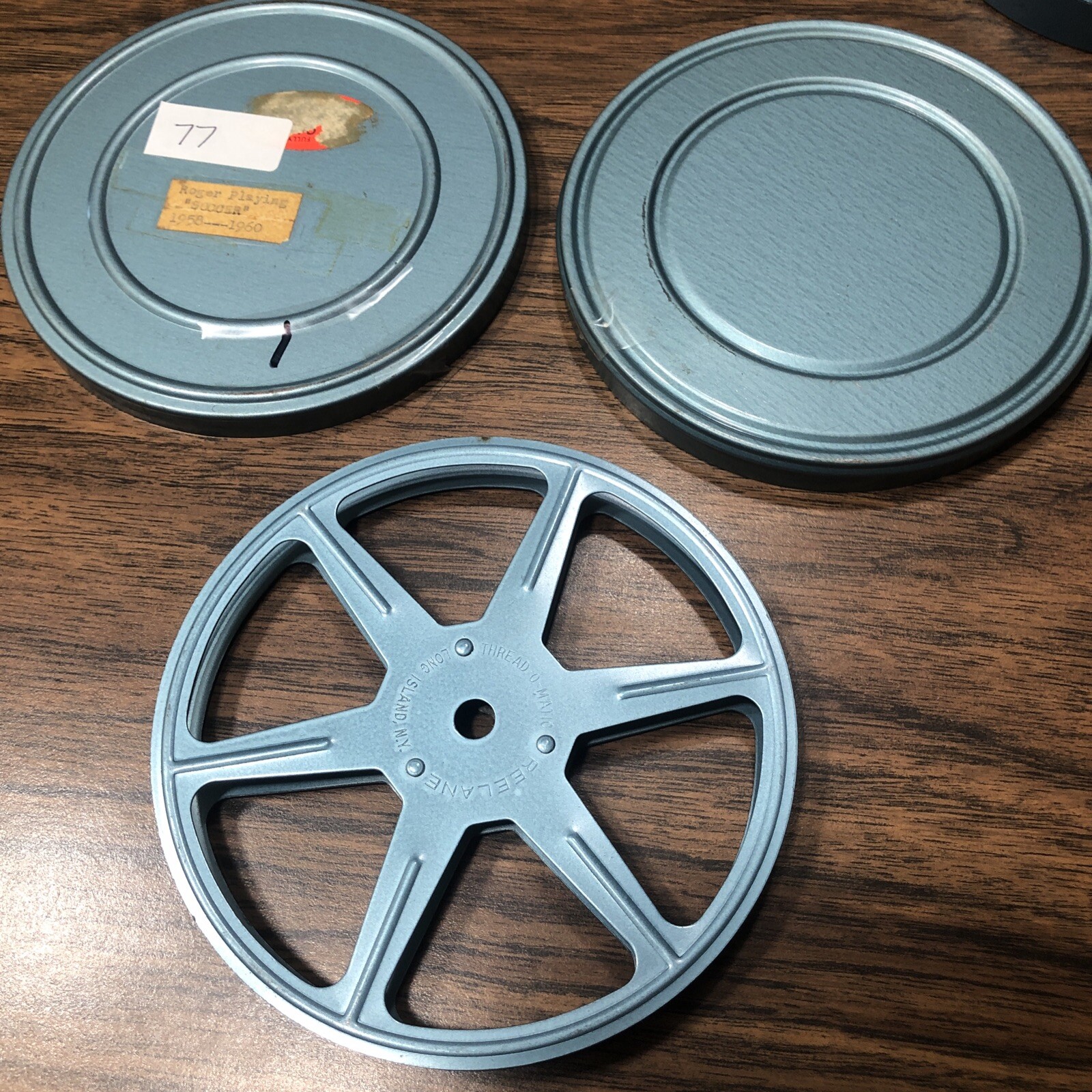 Lot of 2 Blue 8mm Film 5” 200’ Metal Reels & Cans Reelane Thread-o-matic USA