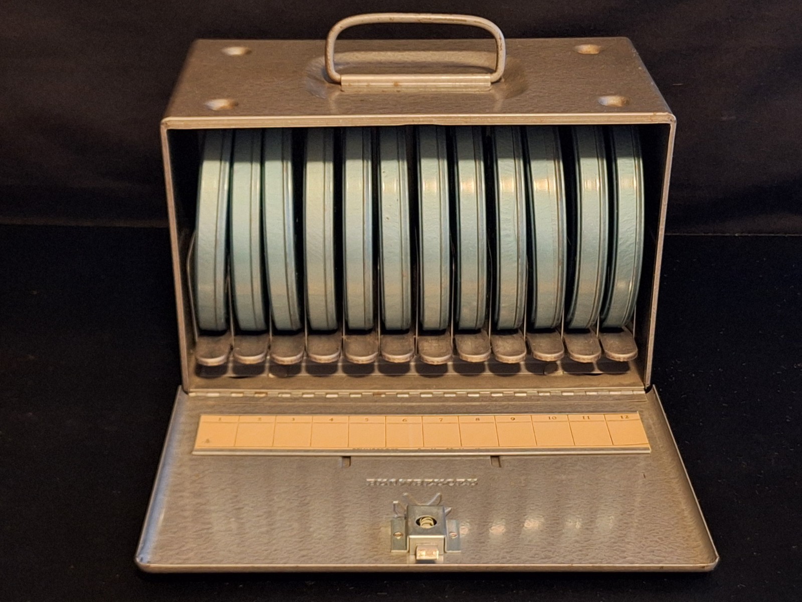 Brumberger 8mm 5″ 12 Reel Film Storage Cabinet Case Box Ejector w Reels & Cans