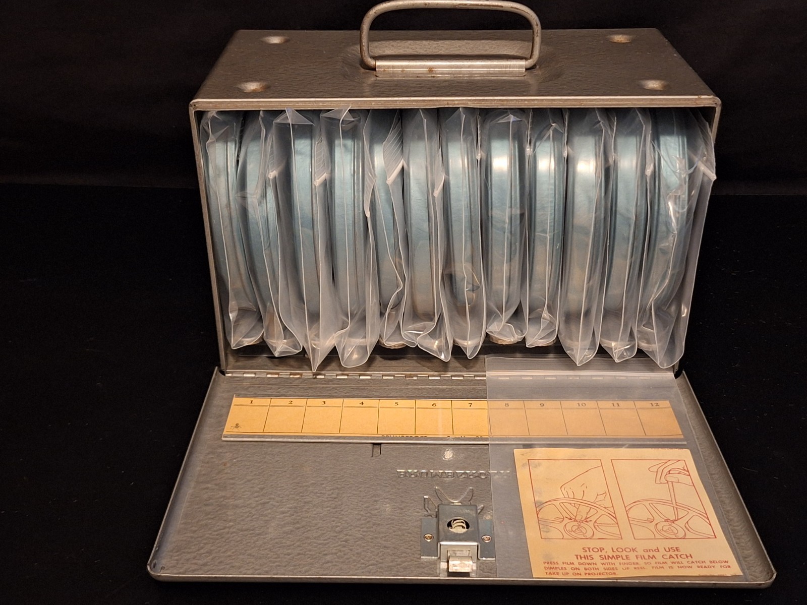 Brumberger 8mm 5″ 12 Reel Film Storage Cabinet Case Box Ejector w Reels & Cans